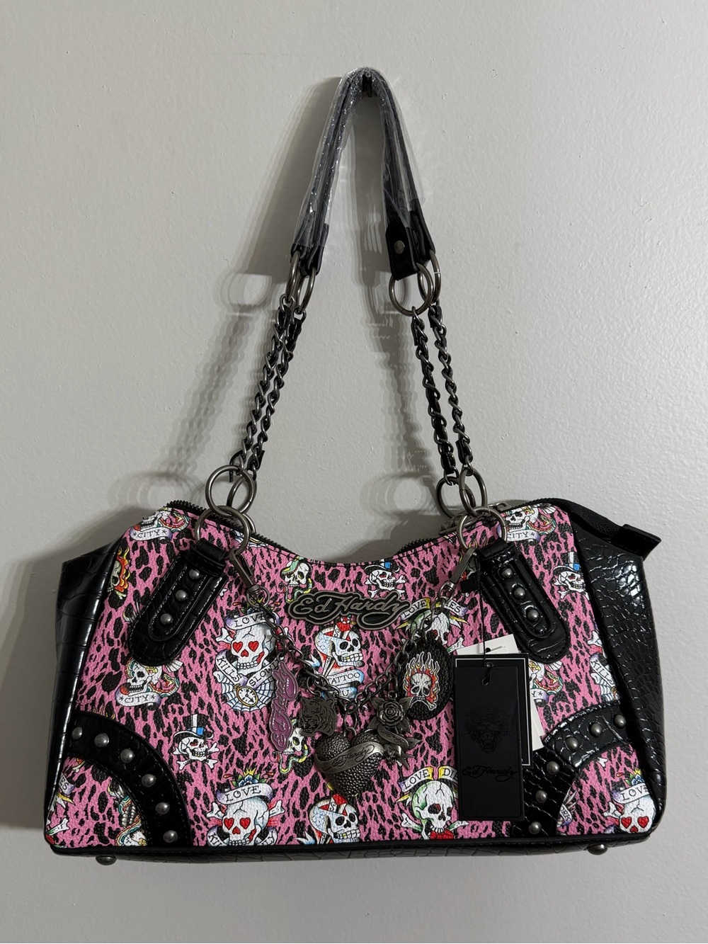 Ed Hardy Pink Leopard Tattoo Skull Satchel Bag